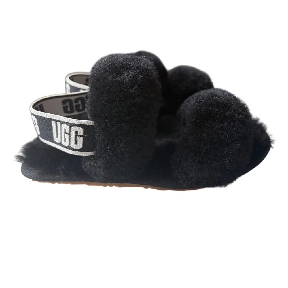 UGG Toddler Fluff Yeah Slide Black‎ Sheepskin Slingback Sandals 1116636T Size 9